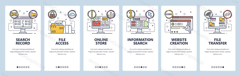 Mobile app onboarding screens. Computer technology, information search, file sync and transfer. Menu vector banner template for website and mobile development. Web site design flat illustration.