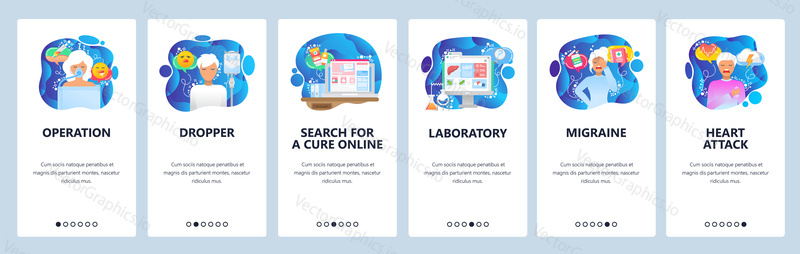 Mobile app onboarding screens. Surgery doctor, patient anesthesia, hospital laboratory, heart attack. Menu vector banner template for website and mobile development. Web site design flat illustration.
