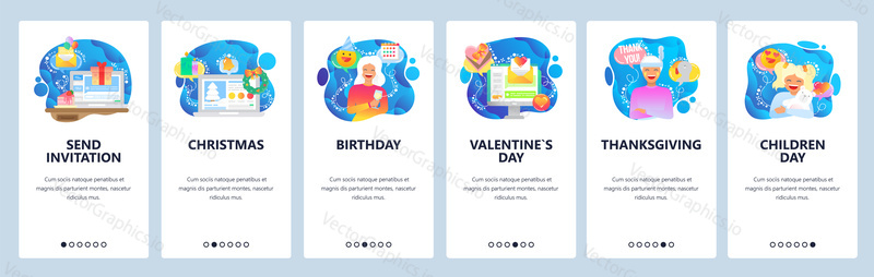 Onboarding for web site and mobile app. Menu banner vector template for website and application development. Send invitation, Christmas, Birthday, Valentines Day, Thanksgiving, Children Day screens.