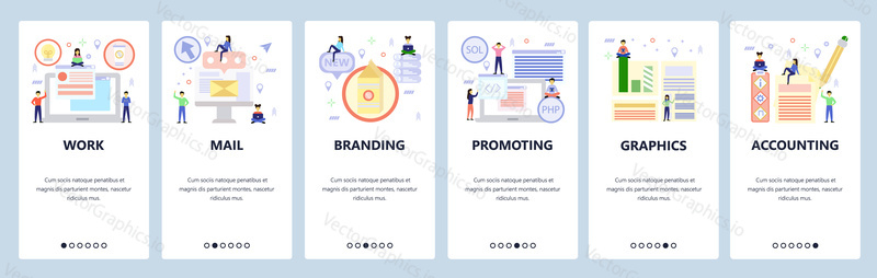 Mobile app onboarding screens. Business work process, branding and marketing, accounting. Menu vector banner template for website and mobile development. Web site design flat illustration.