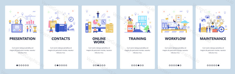 Onboarding for web site, mobile app. Menu banner vector template for website and application development. Presentation, Contacts, Online work, Training, other walkthrough screens. Flat style design.