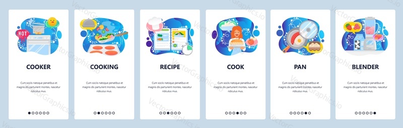 Mobile app onboarding screens. Cooking stove, meal recipe, breakfast food, blender. Menu vector banner template for website and mobile development. Web site design flat illustration.