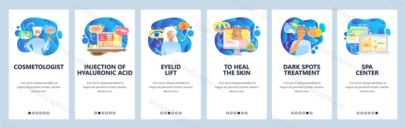 Spa center web site and mobile app onboarding screens. Menu banner vector template for website and application development. Cosmetic procedures for face skin, cosmetology eyelid lifting, rejuvenation.