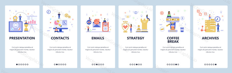 Onboarding for web site, mobile app. Menu banner vector template for website and application development. Presentation, Contacts, Emails, Strategy, Coffee break, Archives screens. Flat style design.