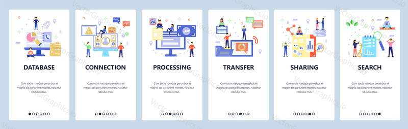 Onboarding for web site, mobile app. Menu banner vector template for website and application development. Database Connection Processing Transfer Sharing Search walkthrough screens. Flat style design.