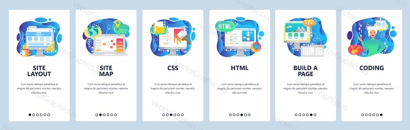 Mobile app onboarding screens. Female software engineer, html and css coding, build a site. Menu vector banner template for website and mobile development. Web design flat illustration.