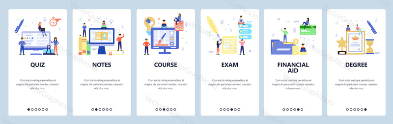 Onboarding for web site, mobile app. Menu banner vector template for website and application development. Course, Quiz, Exam, Degree, Financial aid, Notes walkthrough screens. Flat style design.