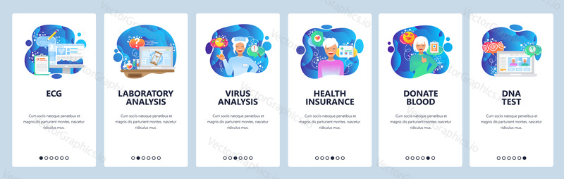 Mobile app onboarding screens. Hospital lab analysis, blood donation, health insurance, DNA and virus test. Vector banner template for website and mobile development. Web site flat illustration.