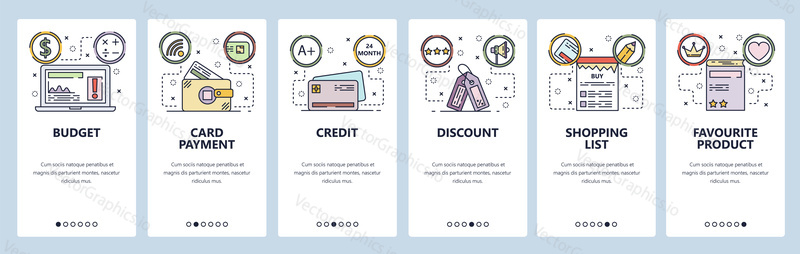 Mobile app onboarding screens. Online shopping, credit card payment, discount and price tag. Menu vector banner template for website and mobile development. Web site design flat illustration.