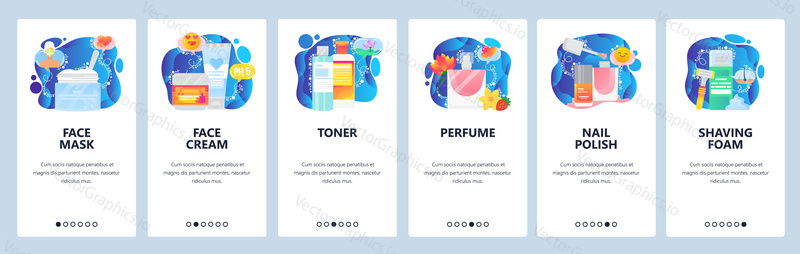 Onboarding for web site and mobile app. Menu banner vector template for website and application development. Face mask and cream, Toner, Perfume, Nail polish, Shaving foam walkthrough screens.