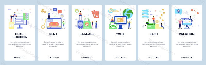 Tour agency web site and mobile app onboarding screens. Menu banner vector template for website and application development. Flat style design.