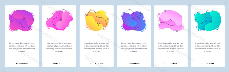 Website and mobile app onboarding screens. Menu banner vector template for web site and application development with trendy purple, pink, blue, yellow gradient abstract dynamic fluid shapes.