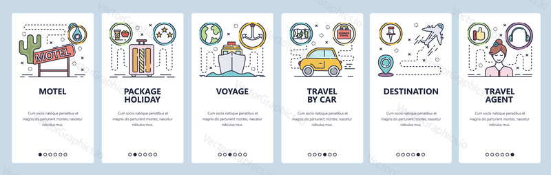 Mobile app onboarding screens. Summer vacation, travel by car, sea cruise, tour package, motel sign. Menu vector banner template for website and mobile development. Web site design flat illustration.