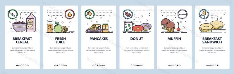 Mobile app onboarding screens. Breakfast meal, morning food, donut and coffee, fresh juice, pancakes. Menu vector banner template for website and mobile development. Web site design flat illustration.
