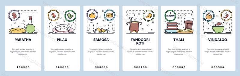 Mobile app onboarding screens. Indian and South-East Asia cuisine food, pilau, thali, roti, samosa. Menu vector banner template for website and mobile development. Web site design flat illustration.