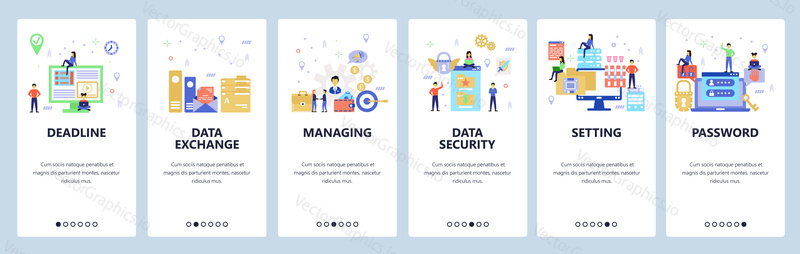 Onboarding for web site, mobile app. Menu banner vector template for website and application development. Data exchange and security, Deadline, Managing, other walkthrough screens. Flat style design.