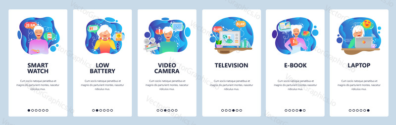 Mobile app onboarding screens. Smart watch, mobile technology, low battery, video camera and tv set. Menu vector banner template for website and mobile development. Web site design flat illustration.