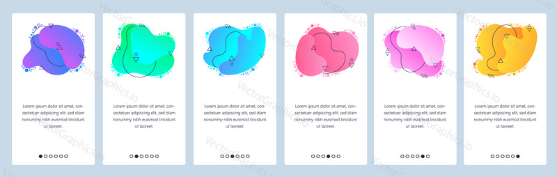 Website and mobile app onboarding screens. Menu banner vector template for web site and application development with trendy blue, pink, violet and yellow gradient abstract dynamic fluid shapes.