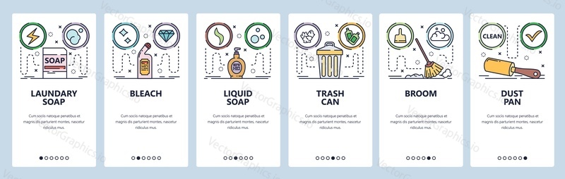 Mobile app onboarding screens. Home cleaning accessories, laundry, broom, trash can, liquid. Menu vector banner template for website and mobile development. Web site design flat illustration.