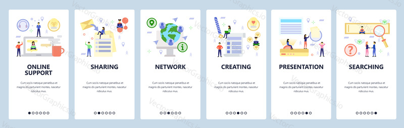 Mobile app onboarding screens. Online support, presentation, search and global network. Menu vector banner template for website and mobile development. Web site design flat illustration.