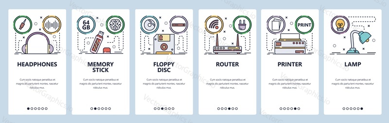 Mobile app onboarding screens. Computer hardware and electronics, wireless router, headphones, flash memory. Menu vector banner template for website and mobile development. Web site design flat illustration.