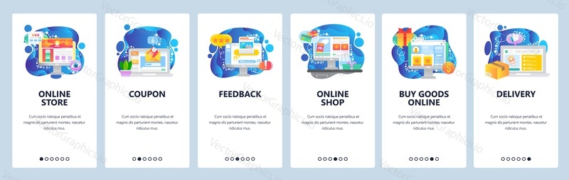 Mobile app onboarding screens. Online shopping and delivery, feedback and products review, coupon discount. Menu vector banner template for website and mobile development. Web site design flat illustration.