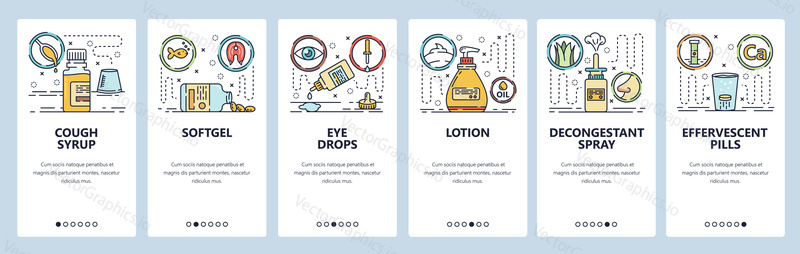 Mobile app onboarding screens. Drugs, eye drops, nasal spray, cough syrup, cream and lotion. Menu vector banner template for website and mobile development. Web site design flat illustration.