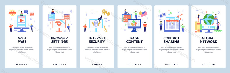 Onboarding for web site, mobile app. Menu banner vector template for website and application development. Web page, Browser settings, Internet security, other walkthrough screens. Flat style design.