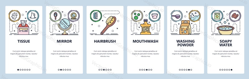 Mobile app onboarding screens. Bathroom accessories, mirror, hairbrush, washing powder, mouthwash. Menu vector banner template for website and mobile development. Web site design flat illustration.