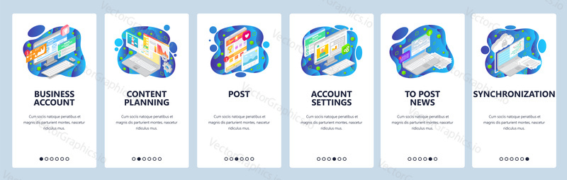 Onboarding for web site and mobile app. Menu banner vector template for website and application development. Business account, Content planning, Post, Account settings and other walkthrough screens.
