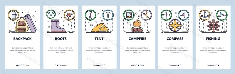 Mobile app onboarding screens. Outdoor travel, camping, tent, campfire, backpack. Menu vector banner template for website and mobile development. Web site design flat illustration.