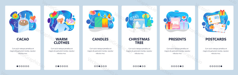 Christmas web site and mobile app onboarding screens. Menu banner vector template for website and application development with blue gradient shapes. Christmas tree, presents, warm clothes, postcards.