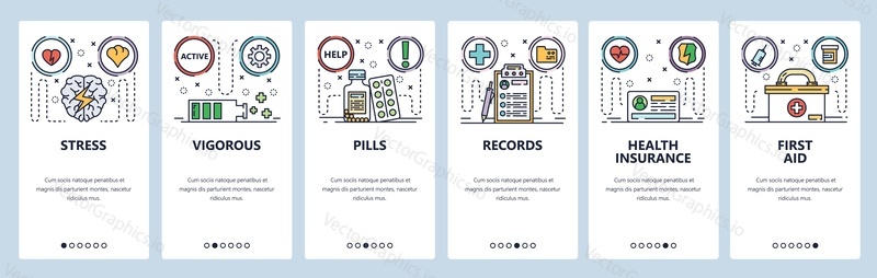 Mobile app onboarding screens. Health, hospital medical records, drugs, health insurance, first aid. Menu vector banner template for website and mobile development. Web site design flat illustration.