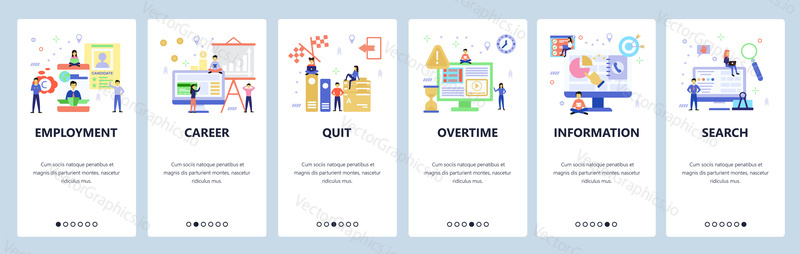 Onboarding for web site, mobile app. Menu banner vector template for website and application development. Employment, Career, Information, other walkthrough screens. Flat style design.
