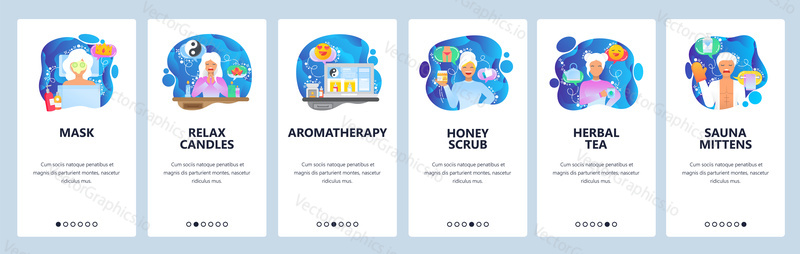 Mobile app onboarding screens. Beauty salon and SPA clinic, face mask, honey scrub, sauna. Menu vector banner template for website and mobile development. Web site design flat illustration.