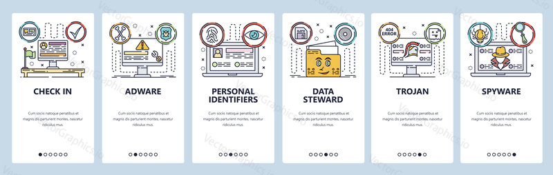 Mobile app onboarding screens. Cyber security, adware, spyware, personal id. Menu vector banner template for website and mobile development. Web site design flat illustration.