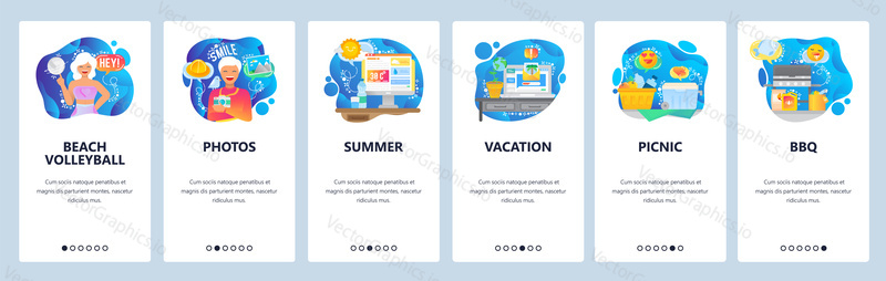Mobile app onboarding screens. Summer beach vacation, weekend picnic, beach volleyball. Menu vector banner template for website and mobile development. Web site design flat illustration.