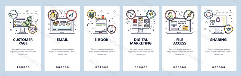 Mobile app onboarding screens. Email, ebook, digital marketing, file access and customer page. Menu vector banner template for website and mobile development. Web site design flat illustration.