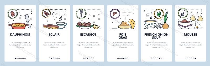 Mobile app onboarding screens. French food, cuisine, eclair, foie gras, onion soup. Menu vector banner template for website and mobile development. Web site design flat illustration.