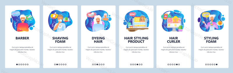 Mobile app onboarding screens. Barbershop, beauty salon, shaving foam and haircut. Menu vector banner template for website and mobile development. Web site design flat illustration.