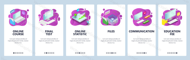 Online education web site and mobile app onboarding screens. Menu banner vector template for website and application development with gradient dynamic liquid abstract shapes.