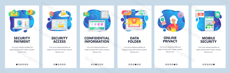 Mobile app onboarding screens. Mobile content feed, sales countdown, secure access, email, online shopping. Vector banner template for website and mobile development. Web site design flat illustration