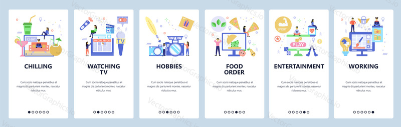 Hobbies web site and mobile app onboarding screens. Menu banner vector template for website and application development. Flat style design.
