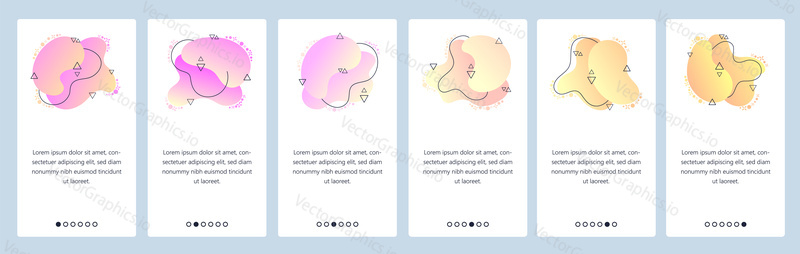 Website and mobile app onboarding screens. Menu banner vector template for web site and application development with trendy pink and yellow gradient abstract dynamic fluid shapes.