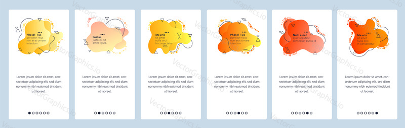 Website and mobile app onboarding screens. Menu banner vector template for web site and application development with trendy yellow and orange gradient abstract dynamic fluid shapes.