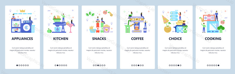 Kitchen web site and mobile app onboarding screens. Menu banner vector template for website and application development. Flat style design.