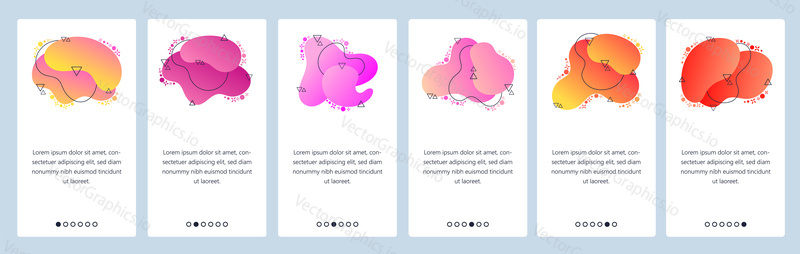 Website and mobile app onboarding screens. Menu banner vector template for web site and application development with trendy pink, yellow and red gradient abstract dynamic fluid shapes.