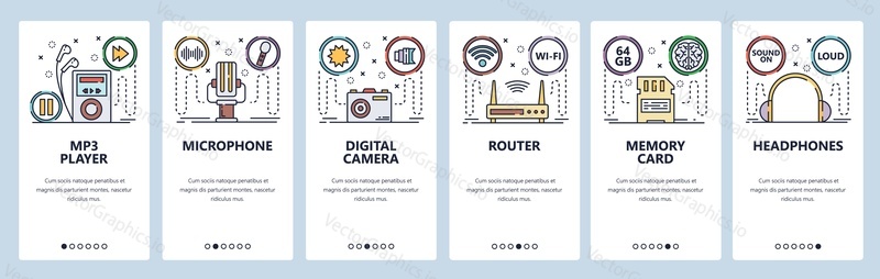 Mobile app onboarding screens. Computer devices and gadgets, new technology hardware. Menu vector banner template for website and mobile development. Web site design flat illustration.