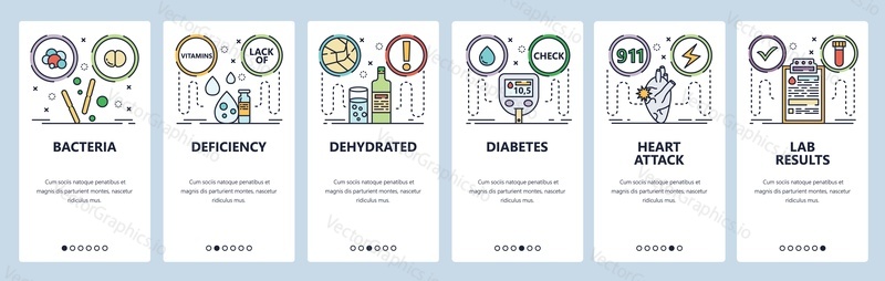 Mobile app onboarding screens. Health problems, heart attack, check diabetes, blood test, drugs, vaccine. Menu vector banner template for website and mobile development. Web site design flat illustration.