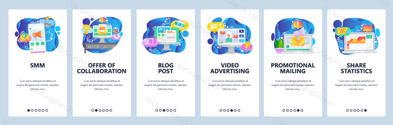Mobile app onboarding screens. Digital media marketing, business analytics, video promotion and advertisement. Vector banner template for website and mobile development. Web site design flat illustration.